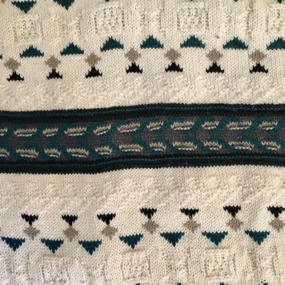 Peconic Bay Traders Sweater Vintage 1980s Cotton Ivory Teal Large - Picture 2 of 4
